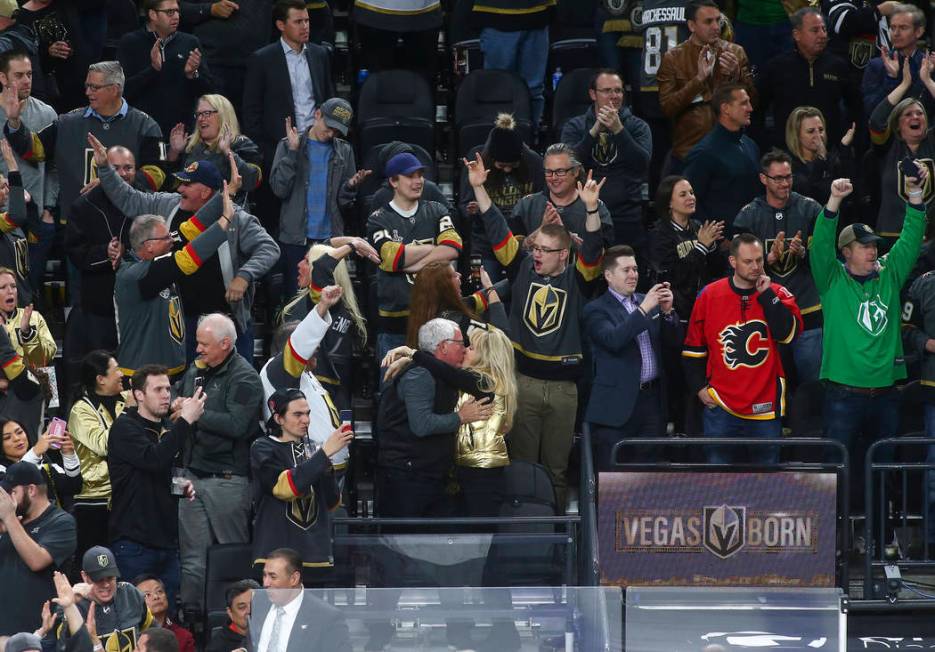 Golden Knights fans celebrate the team's win over the Calgary Flames in an NHL hockey game at T-Mobile Arena in Las Vegas on Wednesday, March 6, 2019. (Chase Stevens/Las Vegas Review-Journal) @css ...