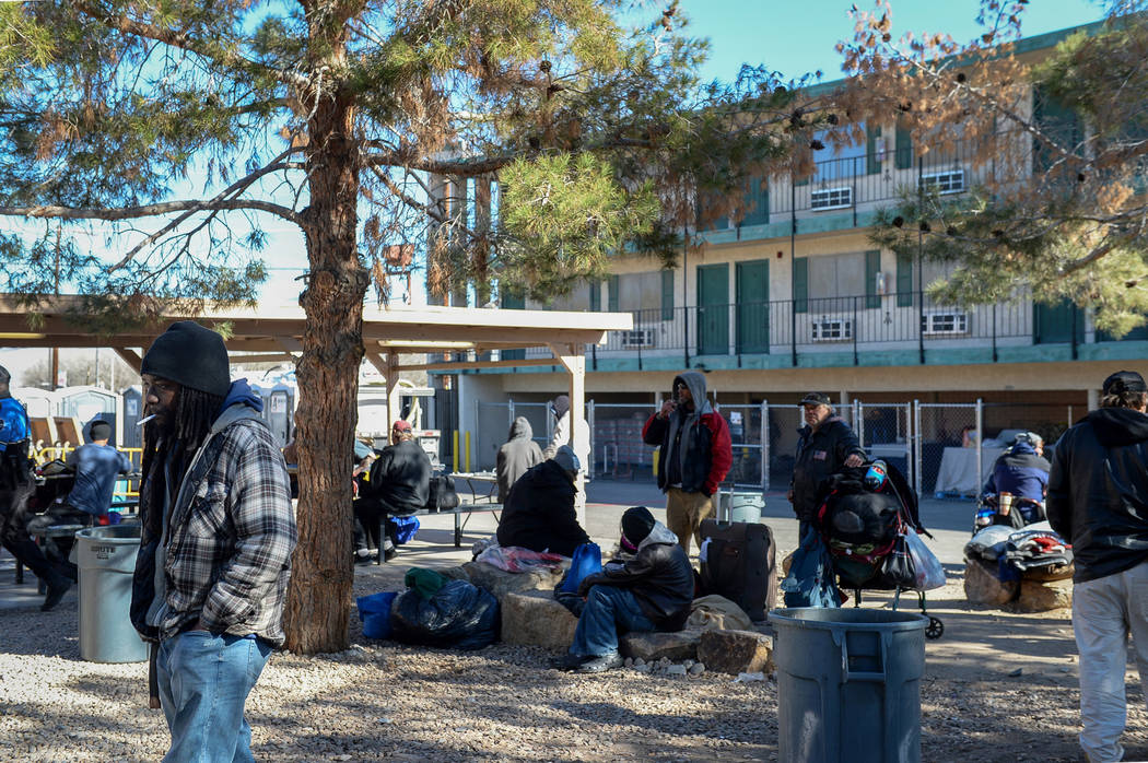 Clients are seen at the city of Las Vegas' Homeless Courtyard in Las Vegas, Thursday, Jan. 24, 2019. (Caroline Brehman/Las Vegas Review-Journal)