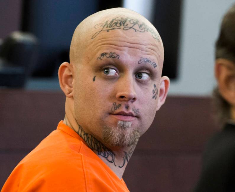 Bayzle Morgan, facing the death penalty in the slaying of a 75-year-old woman, during his murder trial at Regional Justice Center on Friday, Oct 14, 2016. The court ruled that the swastika tattoo ...