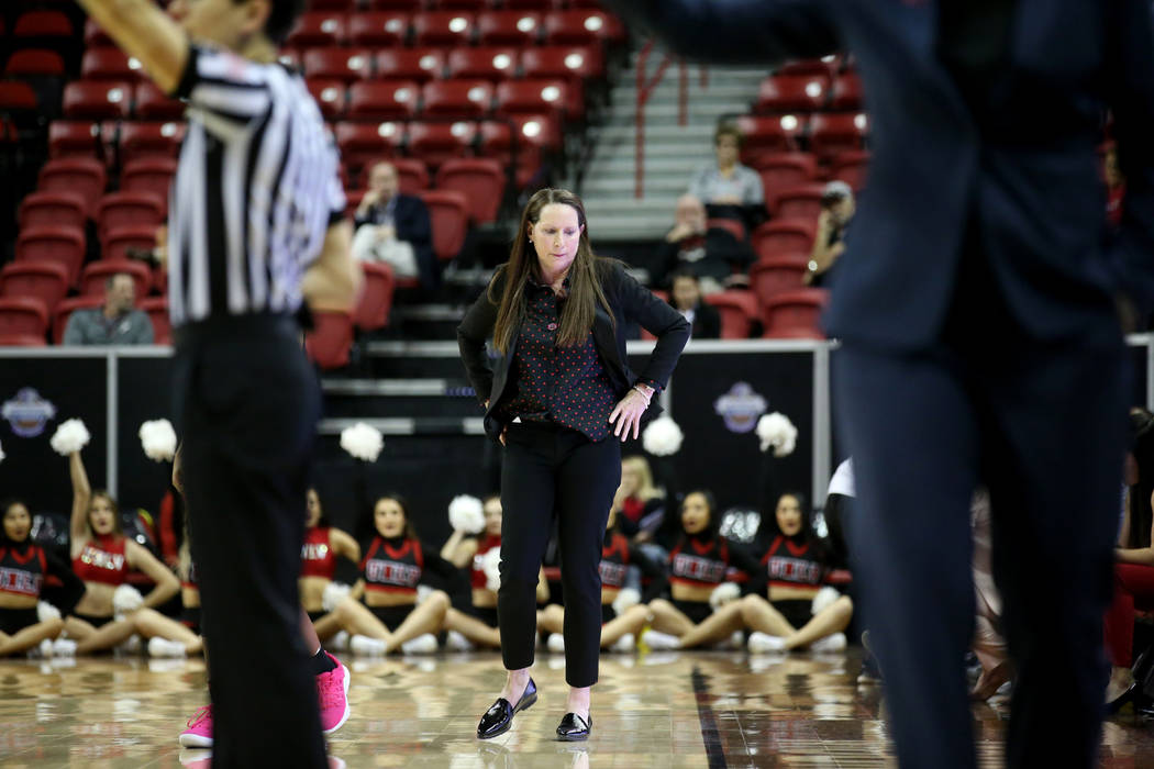 UNLV Lady Rebels head coach Kathy Olivier in the first quarter of a quarterfinal game against Fresno State in the Mountain West women's basketball tournament at the Thomas & Mack Center in Las ...