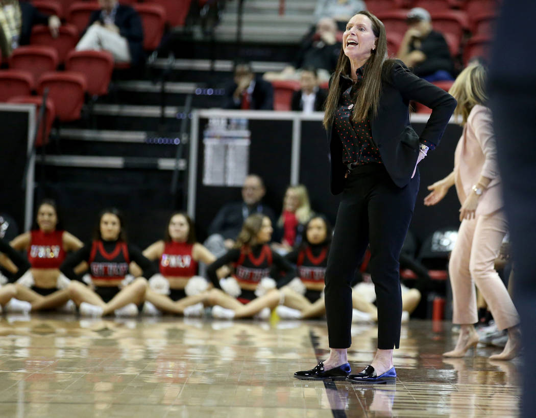 UNLV Lady Rebels head coach Kathy Olivier in the first quarter of a quarterfinal game against Fresno State in the Mountain West women's basketball tournament at the Thomas & Mack Center in Las ...