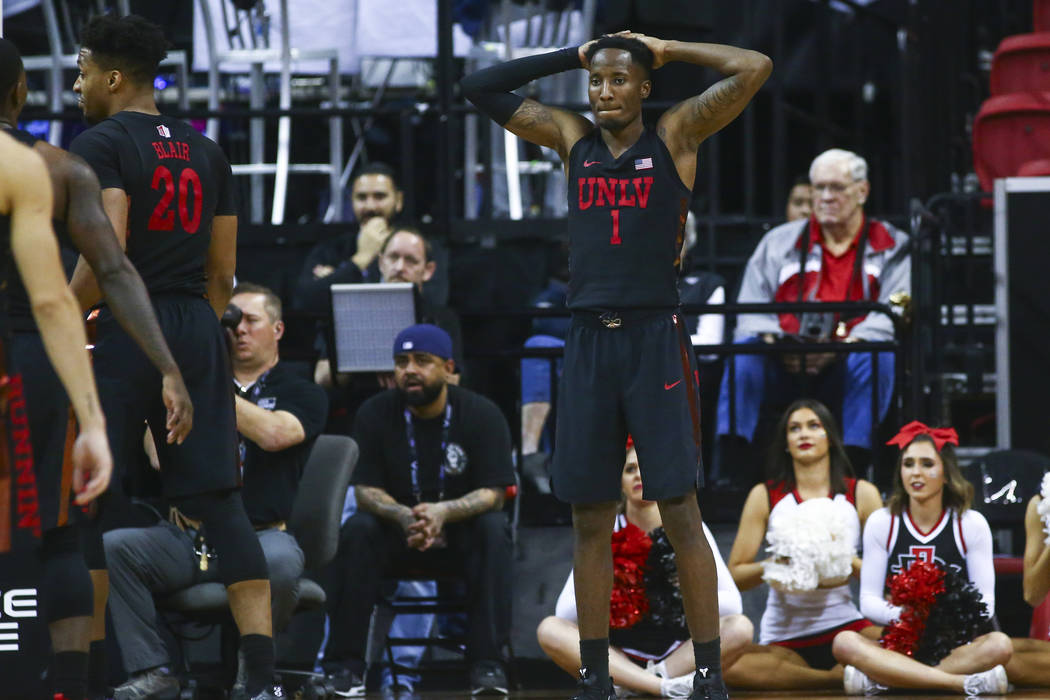 UNLV Rebels guard Kris Clyburn (1) reacts in the final moments of a quarterfinal game against San Diego State in the Mountain West men's basketball tournament at the Thomas & Mack Center in La ...
