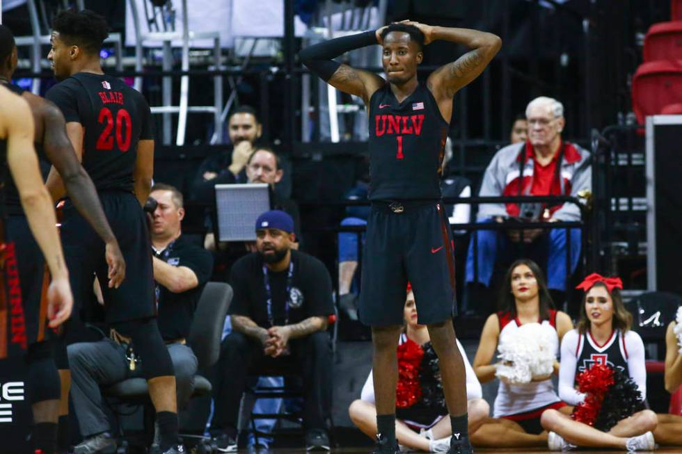 UNLV Rebels guard Kris Clyburn (1) reacts in the final moments of a quarterfinal game against San Diego State in the Mountain West men's basketball tournament at the Thomas & Mack Center in La ...