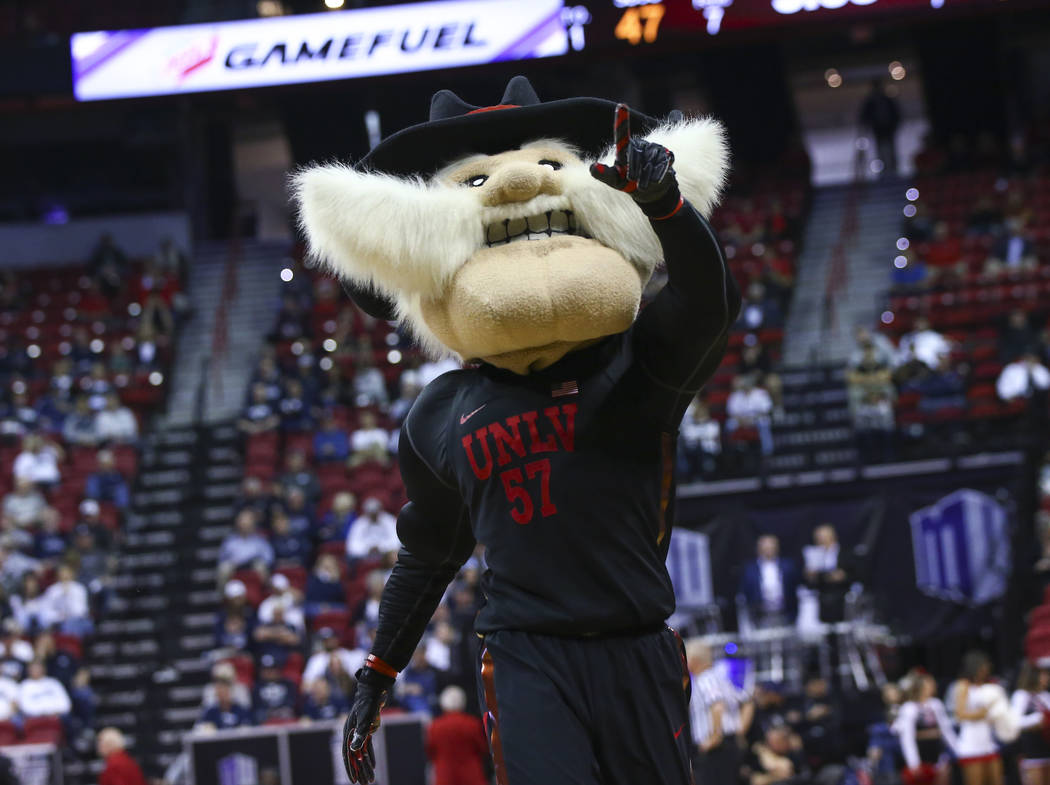 UNLV mascot Hey Reb! points to the crowd during the second half of a quarterfinal game against San Diego State in the Mountain West men's basketball tournament at the Thomas & Mack Center in L ...