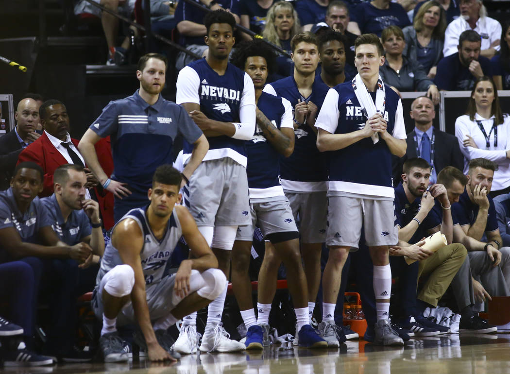 UNR players react as their team trails against San Diego State during the second half of a semifinal basketball game in the Mountain West men's basketball tournament at the Thomas & Mack Cente ...
