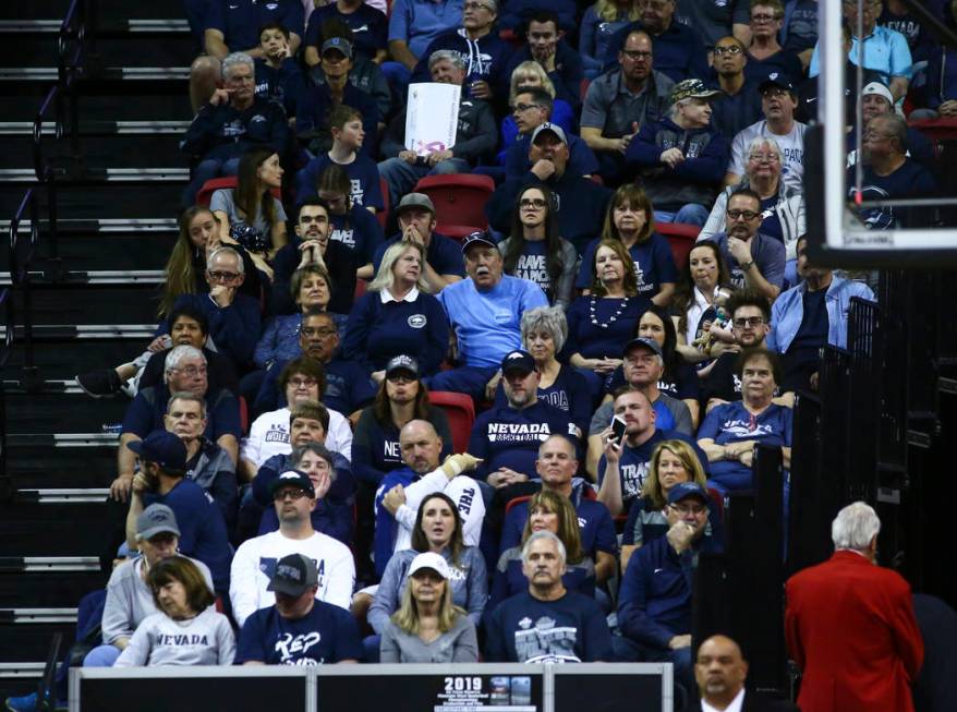 UNR fans react as their team trails against San Diego State during the second half of a semifinal basketball game in the Mountain West men's basketball tournament at the Thomas & Mack Center i ...