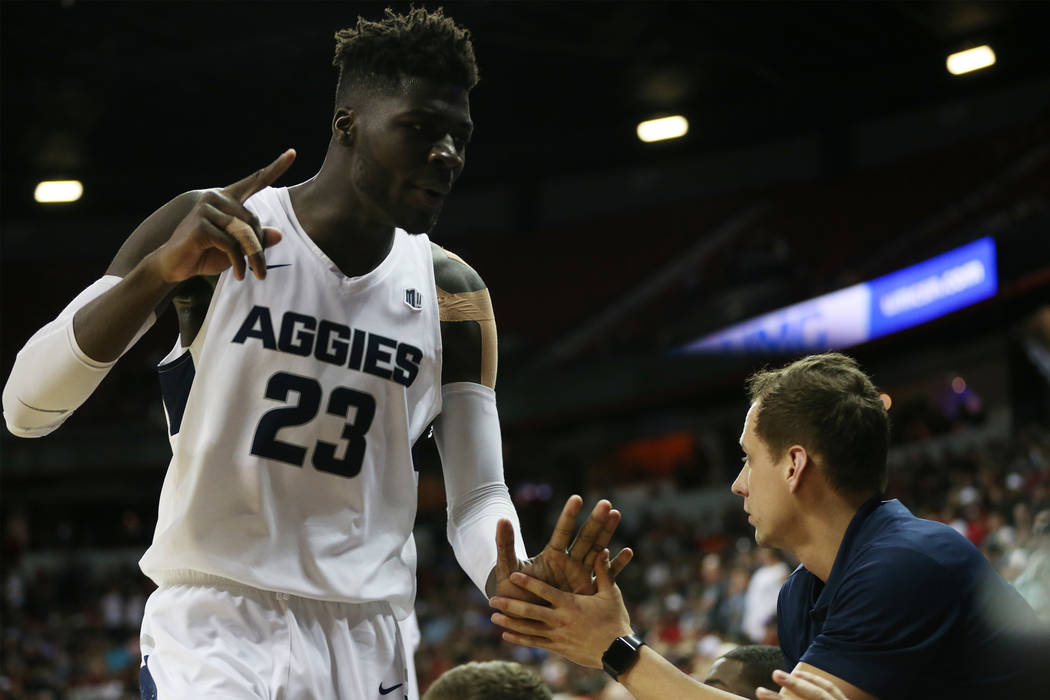 Utah State Aggies center Neemias Queta (23) takes the bench in the second half of the Mountain West tournament men's basketball championship game at the Thomas & Mack Center in Las Vegas, Satu ...