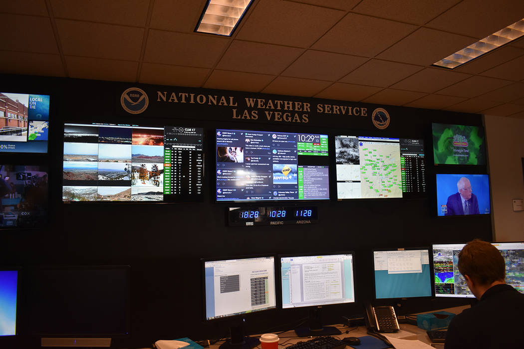 The forecast office monitors social media, aviation conditions, satellite images, and wind observations on the "situational awareness board." (Rachel Spacek/Las Vegas Review-Journal @Rachel Spacek)