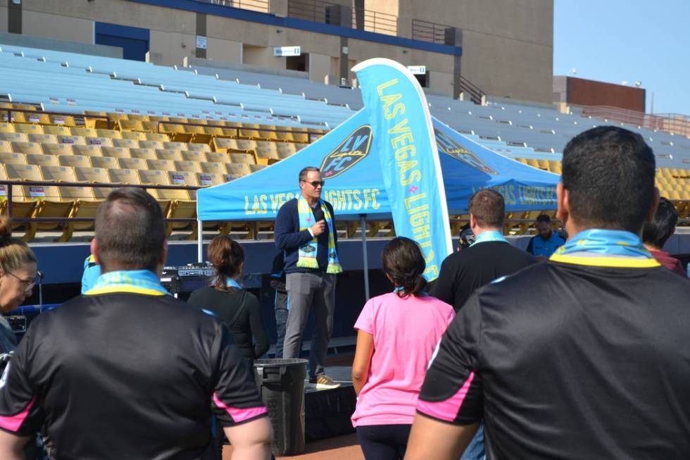 Las Vegas Lights FC coach Eric Wynalda talks to season-ticket purchasers at Cashman Field on Saturday, Nov. 17. The former soccer star lost his home on Nov. 9 in the deadly California wildfires. ( ...