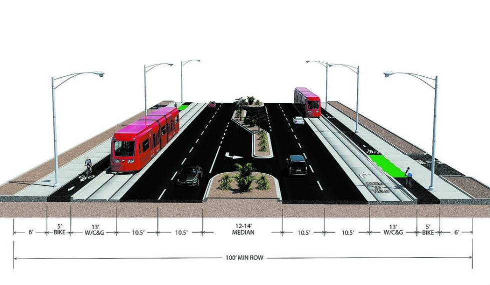 A proposed light-rail line would share curbside lanes with vehicles traveling on Maryland Parkway. The trains might not require the use of overhead electrical lines to operate. Instead, the line c ...