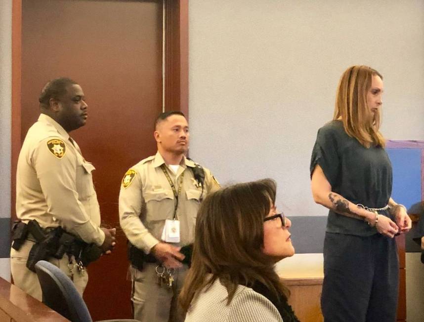 Jailed attorney Alexis Plunkett, right, appears before a Las Vegas judge on Friday, March 8, 2019. (David Ferrara/Las Vegas Review-Journal)