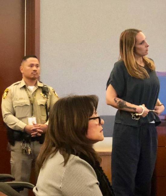 Jailed attorney Alexis Plunkett, right, appears before a Las Vegas judge on Friday, March 8, 2019. (David Ferrara/Las Vegas Review-Journal)