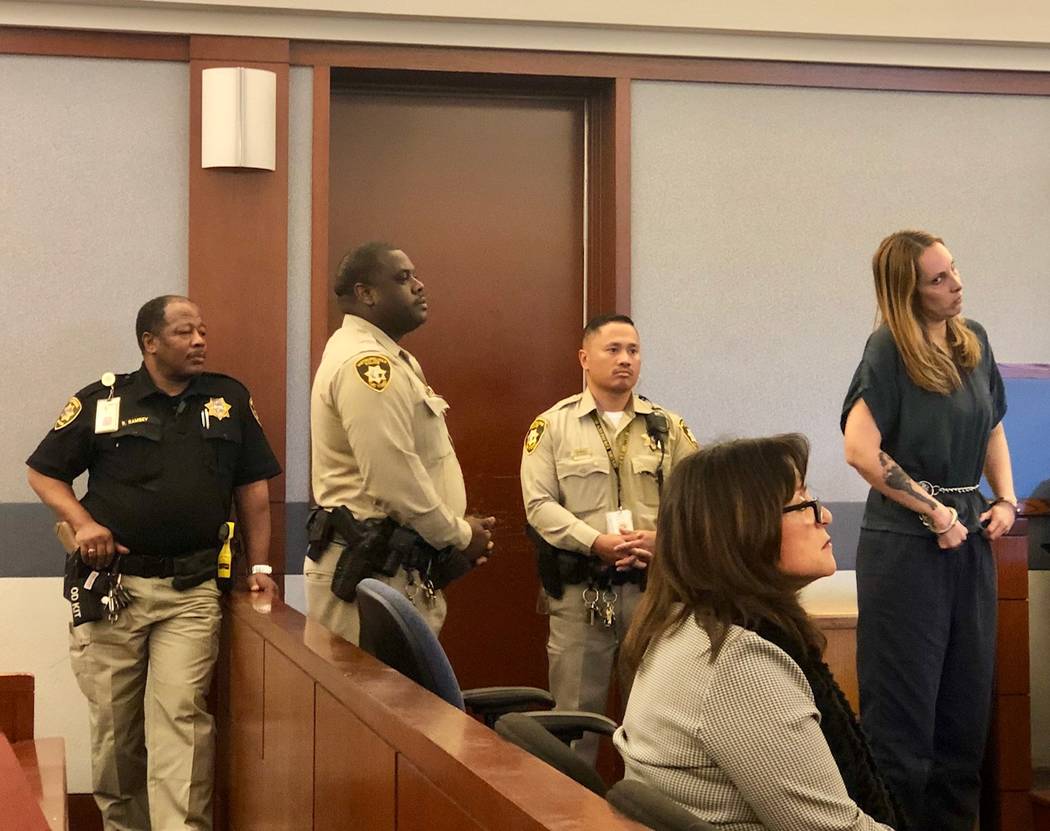 Jailed attorney Alexis Plunkett, right, appears before a Las Vegas judge on Friday, March 8, 2019. (David Ferrara)