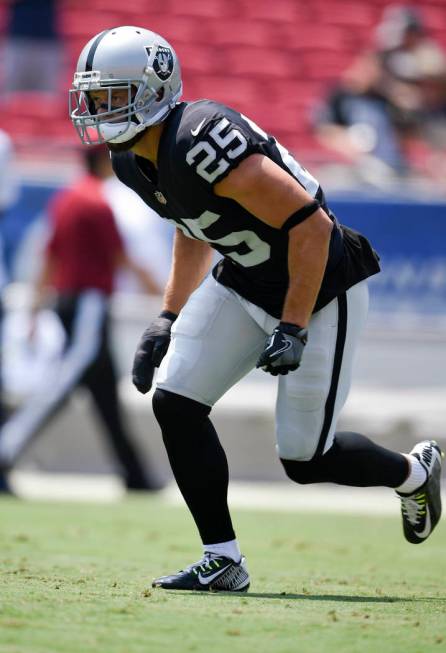 Oakland Raiders safety Erik Harris warms up prior to an NFL preseason football game against the Los Angeles Rams Saturday, Aug. 18, 2018, in Los Angeles. (AP Photo/Kelvin Kuo)