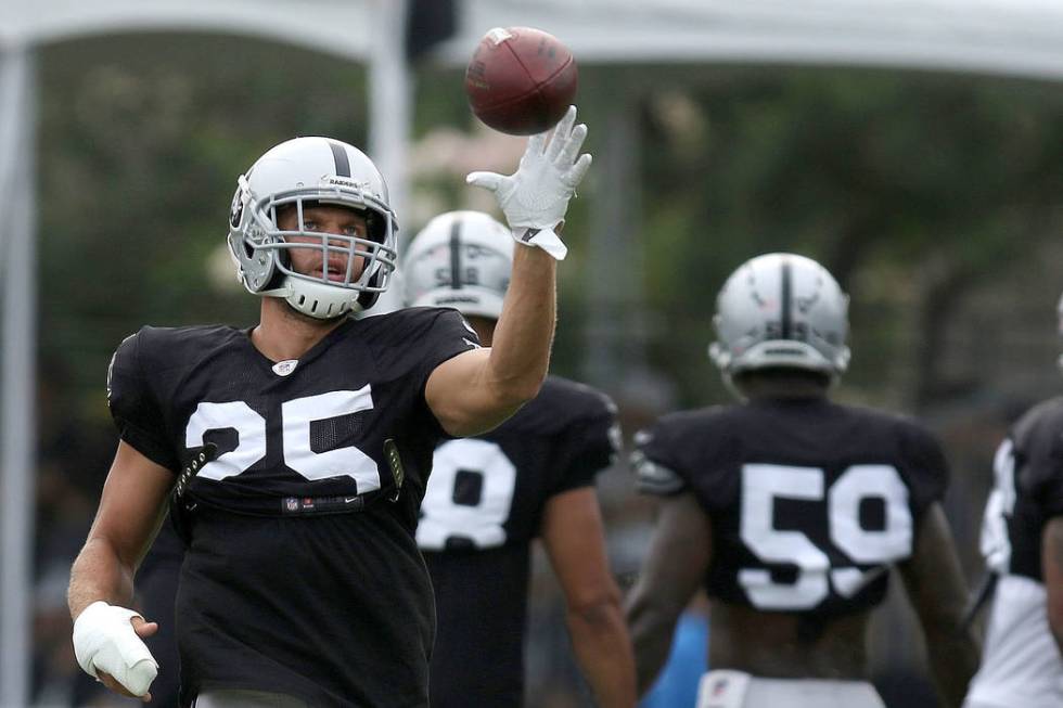 Oakland Raiders defensive back Erik Harris (25) with the football after making a catch during practice at the team's NFL training camp in Napa, Calif., Wednesday, Aug. 8, 2018. Heidi Fang Las Vega ...