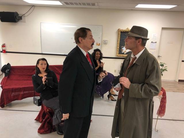 "Shake" Speare and Claude confront each other during a dress rehearsal of The Omelet Murder Case. Louise Rauckhorst.