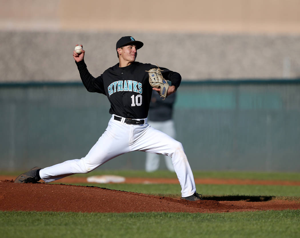 Silverado pitcher Chris Cortez (10) throws against Faith Lutheran during a baseball game at Silverado High School in Las Vegas Friday, March 8, 2019. (K.M. Cannon/Las Vegas Review-Journal) @KMCann ...