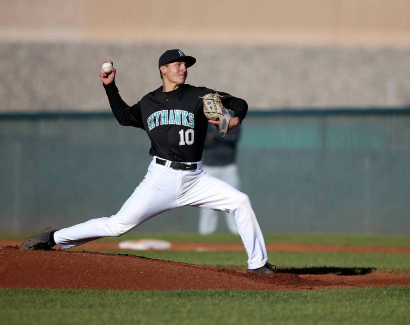 Silverado pitcher Chris Cortez (10) throws against Faith Lutheran during a baseball game at Silverado High School in Las Vegas Friday, March 8, 2019. (K.M. Cannon/Las Vegas Review-Journal) @KMCann ...