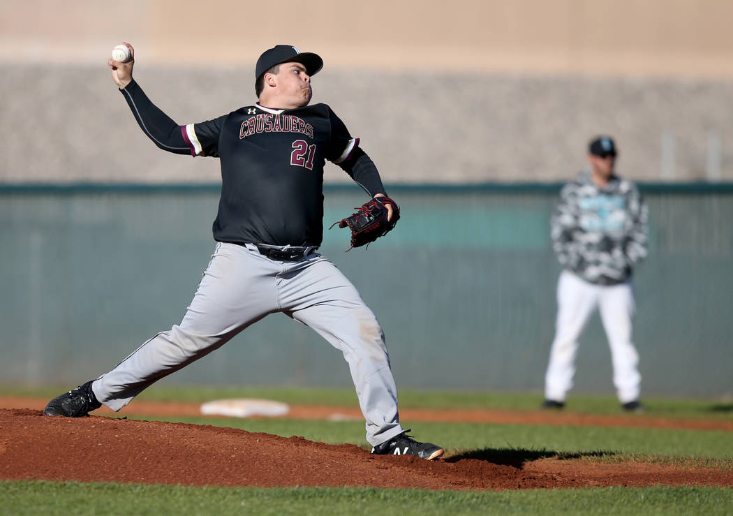 Faith Lutheran pitcher Christian Dijkman (21) throws against Silverado during a baseball game at Silverado High School in Las Vegas Friday, March 8, 2019. (K.M. Cannon/Las Vegas Review-Journal) @K ...