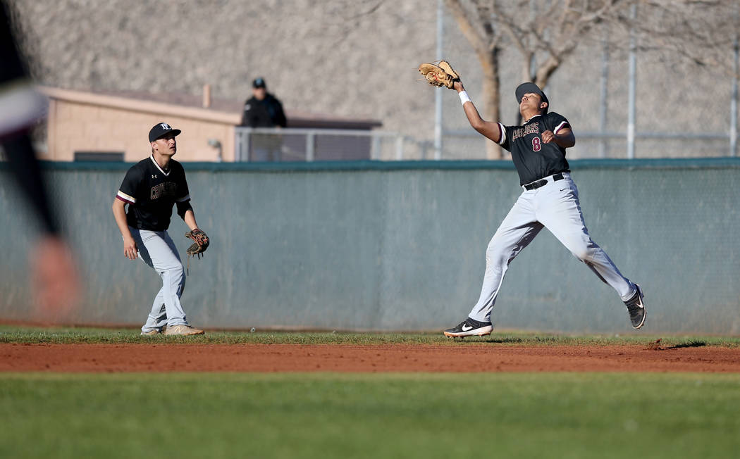 Faith Lutheran first baseman Jacob Ortega (8) catches a Silverado foul ball during a baseball game at Silverado High School in Las Vegas Friday, March 8, 2019. (K.M. Cannon/Las Vegas Review-Journa ...