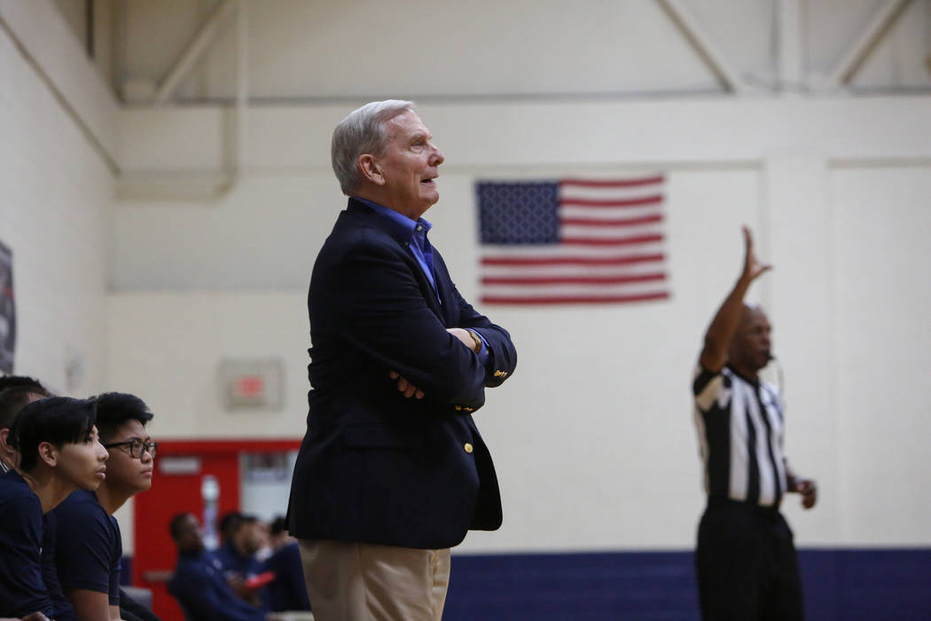 Dave Bliss coaches his team American Preparatory as they play Findlay Prep in Henderson, Wednesday, Jan. 9, 2019. Caroline Brehman/Las Vegas Review-Journal