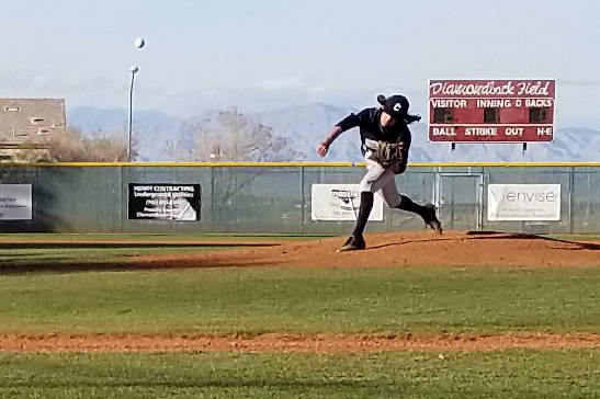 Centennial pitcher Cody Strawn throws a pitch against Arbor View on Saturday, March 9, 2019 at Desert Oasis. (Damon Seiters/Las Vegas Review-Journal)