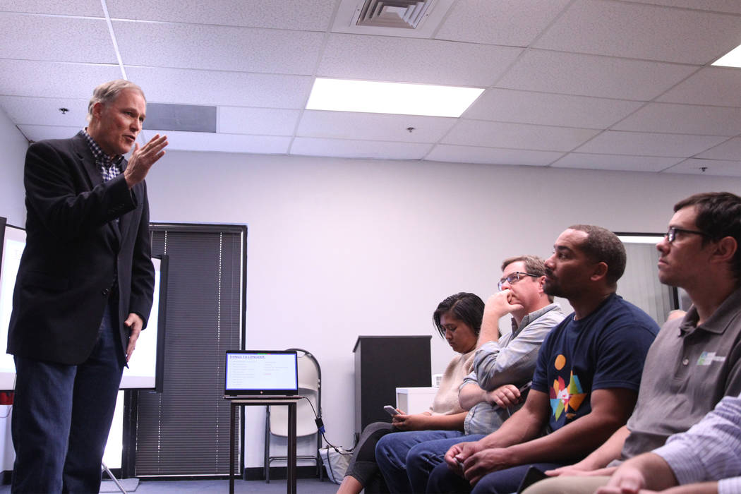 Washington Gov. Jay Inslee, a Democratic presidential candidate, speaks on climate change at the Nevada Conservation League offices in Las Vegas, Saturday, March 9, 2019. Erik Verduzco Las Vegas R ...