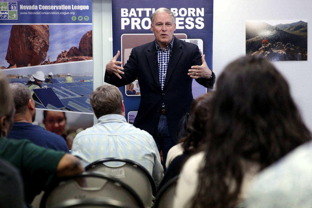 Washington Gov. Jay Inslee, a Democratic presidential candidate, speaks on climate change at the Nevada Conservation League offices in Las Vegas, Saturday, March 9, 2019. Erik Verduzco Las Vegas R ...