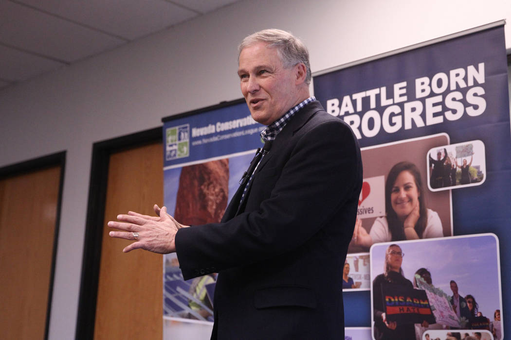 Washington Gov. Jay Inslee, a Democratic presidential candidate, speaks on climate change at the Nevada Conservation League offices in Las Vegas, Saturday, March 9, 2019. Erik Verduzco Las Vegas R ...