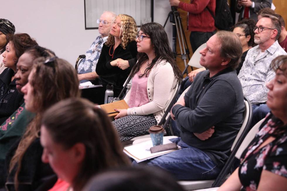 People listen to Washington Gov. Jay Inslee, a Democratic presidential candidate, speaks on climate change at the Nevada Conservation League offices in Las Vegas, Saturday, March 9, 2019. Erik Ver ...