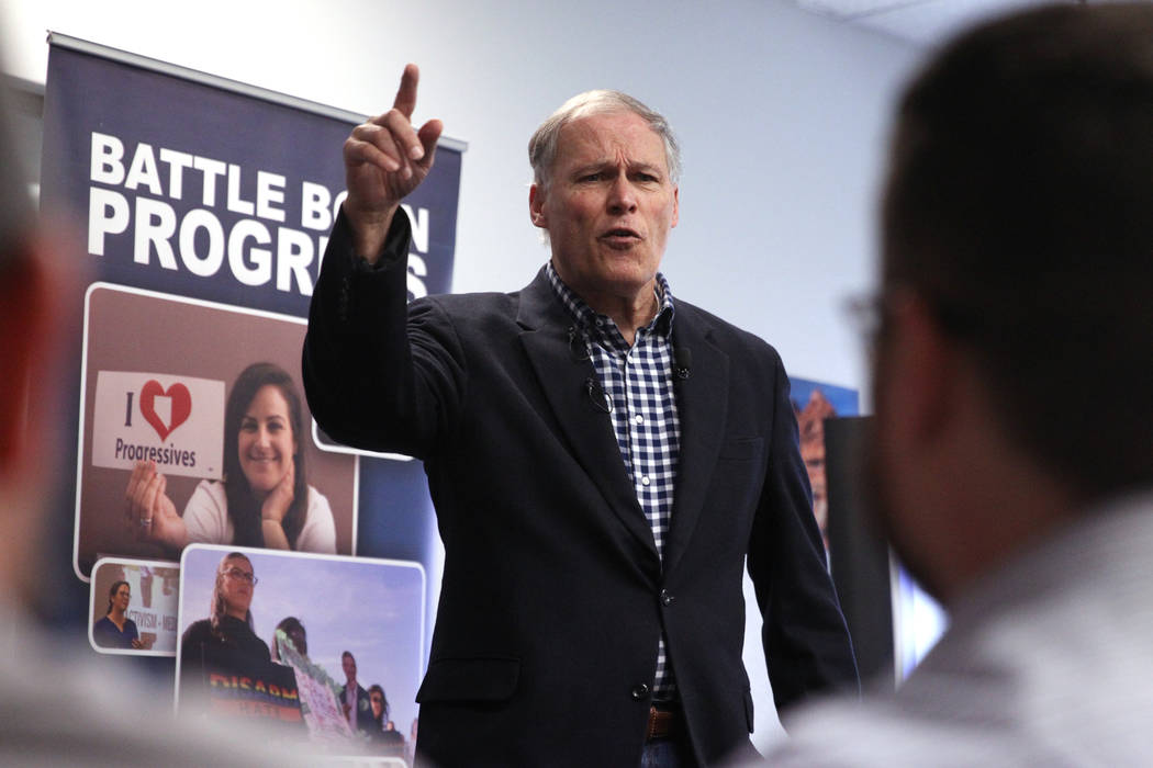 Washington Gov. Jay Inslee, a Democratic presidential candidate, speaks on climate change at the Nevada Conservation League offices in Las Vegas, Saturday, March 9, 2019. Erik Verduzco Las Vegas R ...