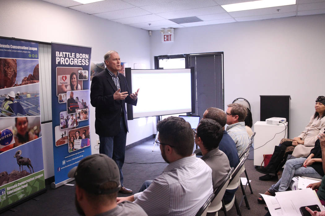 Washington Gov. Jay Inslee, a Democratic presidential candidate, speaks on climate change at the Nevada Conservation League offices in Las Vegas, Saturday, March 9, 2019. Erik Verduzco Las Vegas R ...