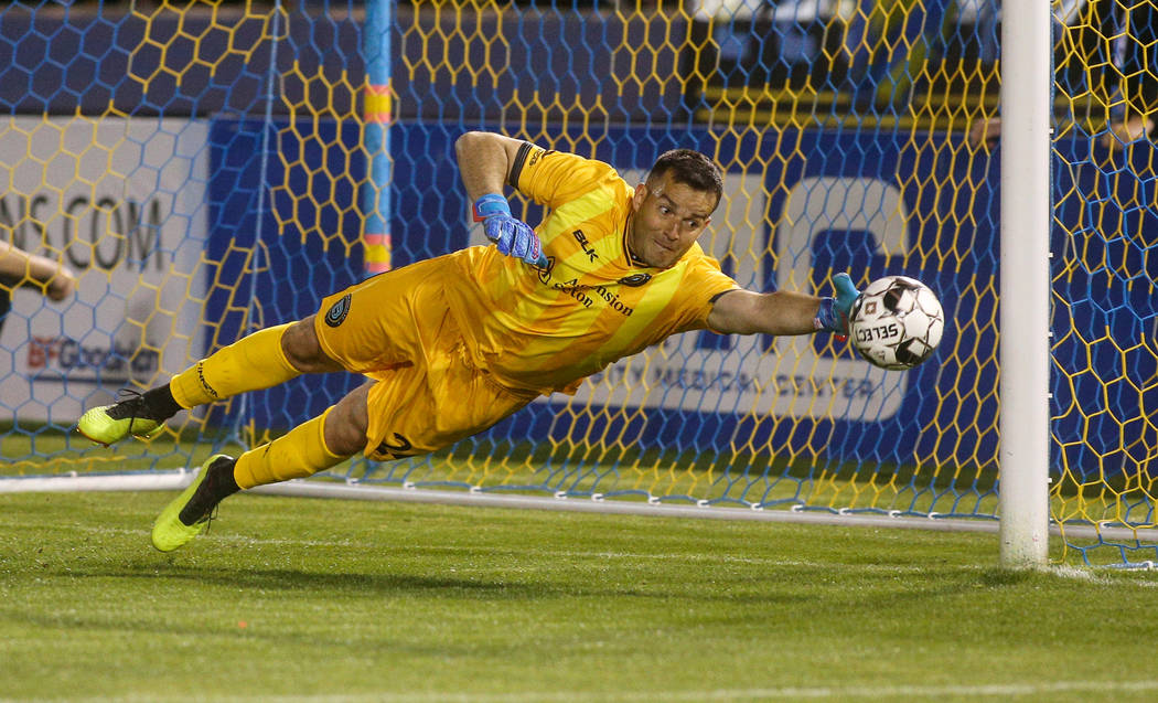 Austin Bold FC goalkeeper Diego Restrepo (24) makes a save during the first half of a United Soccer League match at Cashman Field in Las Vegas, Saturday, March 9, 2019. (Caroline Brehman/Las Vegas ...