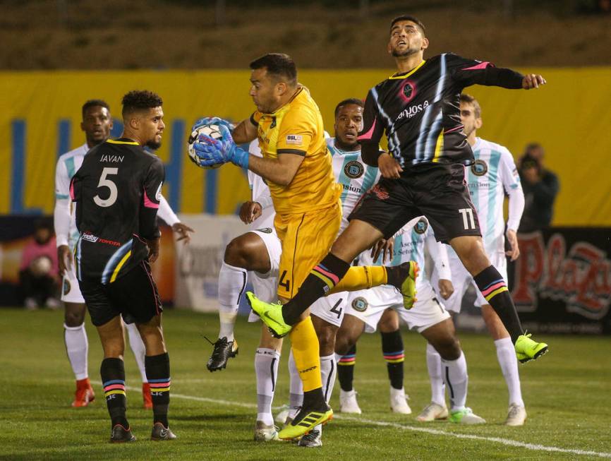 Austin Bold FC goalkeeper Diego Restrepo (24) grabs the ball after a corner kick is taken by the Las Vegas Lights FC during the first half of a United Soccer League match at Cashman Field in Las V ...