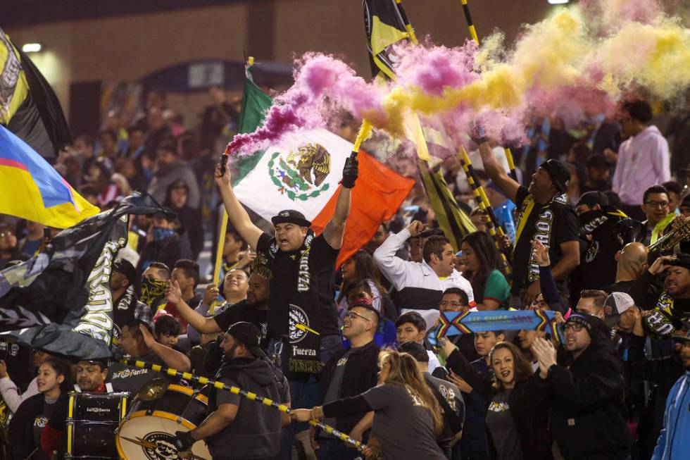 Las Vegas Lights FC fans cheer at the start of a United Soccer League match against the Austin Bold FC at Cashman Field in Las Vegas, Saturday, March 9, 2019. (Caroline Brehman/Las Vegas Review-Jo ...