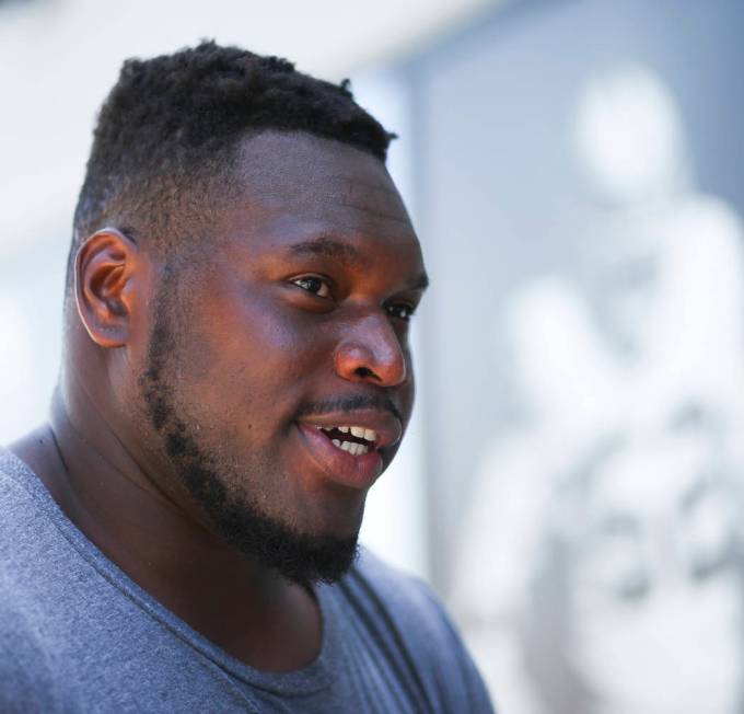 Oakland Raiders offensive guard Kelechi Osemele after finishing up with day two of a mini-camp at the Raiders headquarters. (Chase Stevens/Las Vegas Review-Journal)