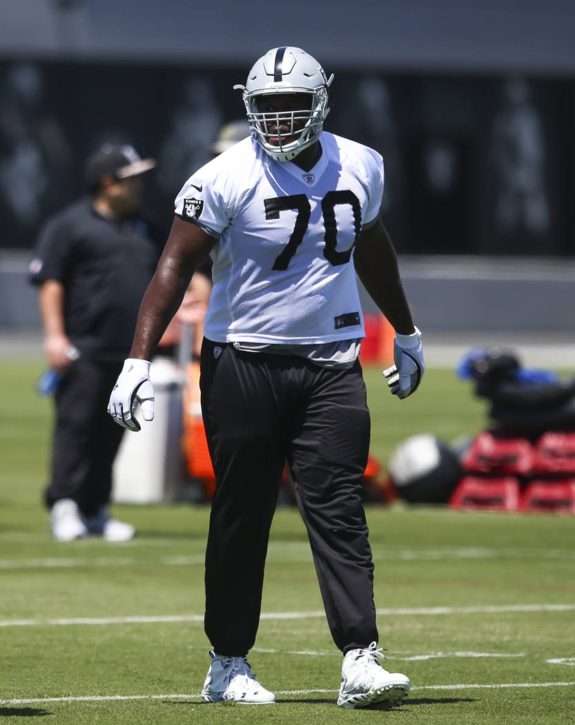 Oakland Raiders offensive guard Kelechi Osemele (70) during day one of a mini-camp at Raiders headquarters. (Chase Stevens/Las Vegas Review-Journal)