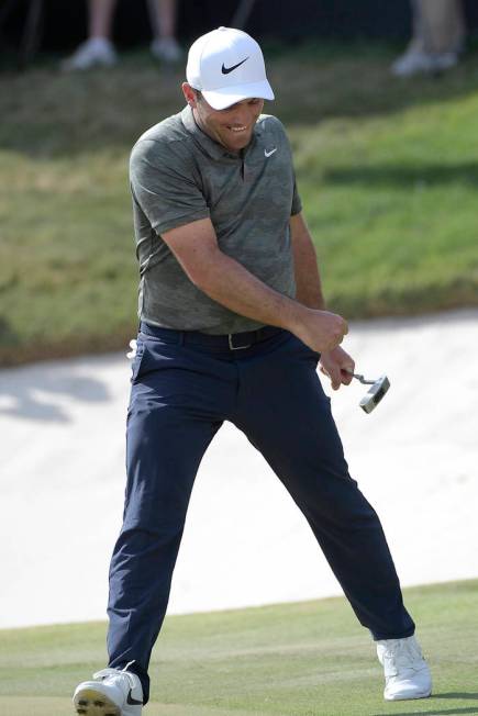 Francesco Molinari, of Italy, celebrates after sinking a putt for birdie on the 18th green during the final round of the Arnold Palmer Invitational golf tournament Sunday, March 10, 2019, in Orlan ...