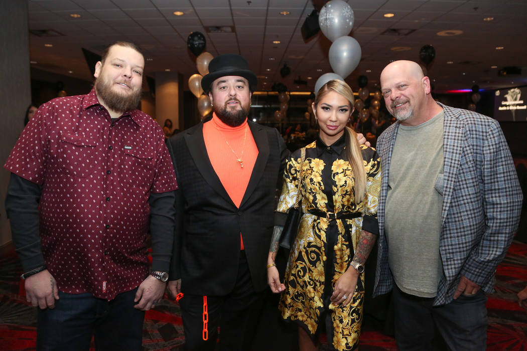 "Pawn Stars" co-star Austin "Chumlee" Russell and his fiancee, Olivia Rademann, are shown with Corey Harrison, far left, and Rick Harrison at the couple's pre-wedding ceremony and party at the D L ...