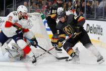 Florida Panthers defenseman Ian McCoshen (12) knocks the puck away from Vegas Golden Knights center Ryan Carpenter (40) during the second period of an NHL hockey game Thursday, Feb. 28, 2019, in L ...