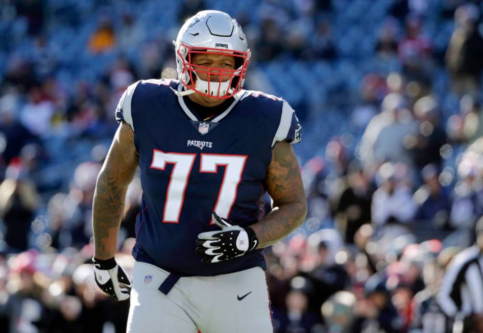 New England Patriots tackle Trent Brown warms up before an NFL football game against the Buffalo Bills, Sunday, Dec. 23, 2018, in Foxborough, Mass. (AP Photo/Elise Amendola)