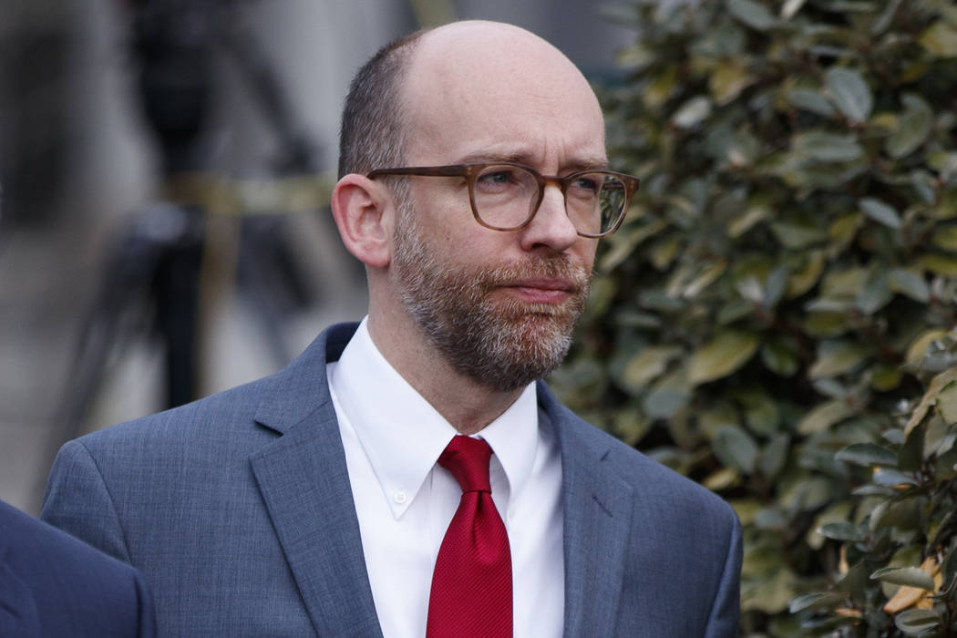 Acting OMB Director Russ Vought walks toward reporters after doing an interview at the White House, Monday, March 11, 2019, in Washington. (Evan Vucci/AP)