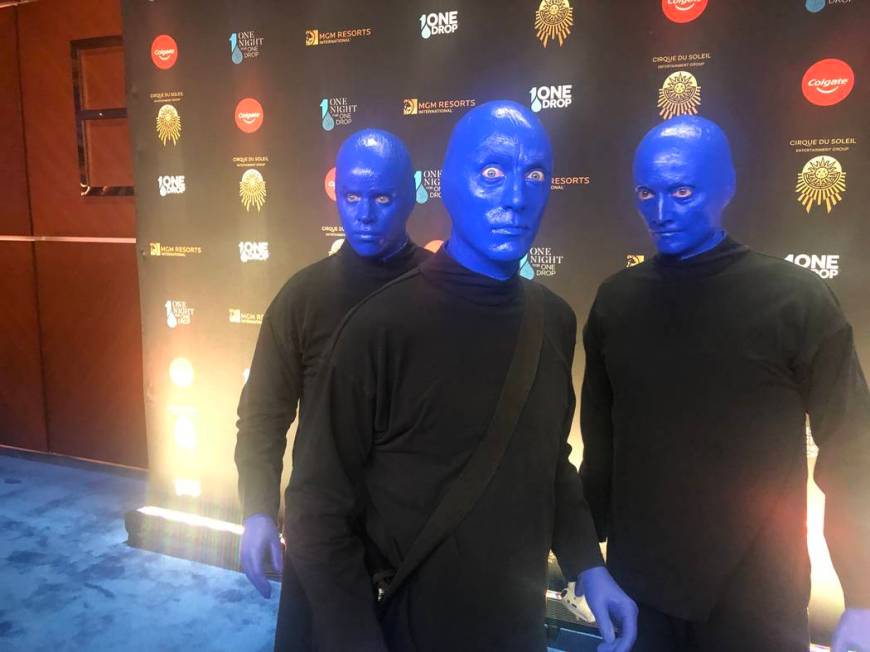 The Blue Man Group is shown on the Blue Carpet prior to "One Night For One Drop," held at O Theater at the Bellagio on Friday, March 8, 2019.( John Katsilometes/Las Vegas Review-Journal @JohnnyKats