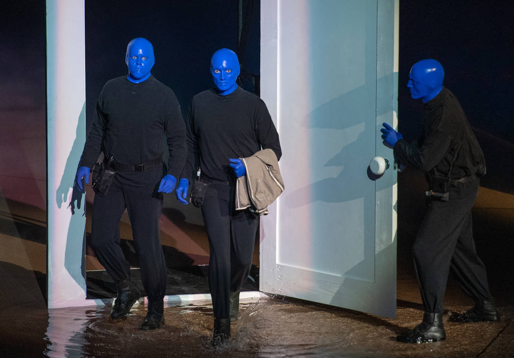 The Blue Man Group is shown in scene from "One Night For One Drop," held at O Theater at the Bellagio on Friday, March 9, 2019. (Tom Donoghue)