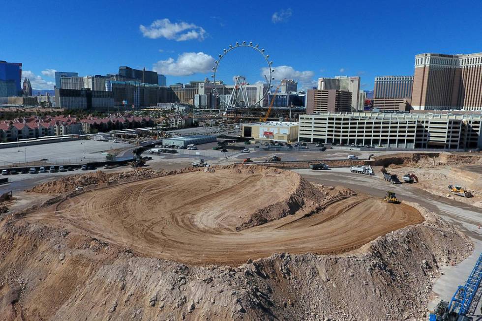 An aerial photo of the construction site of the MSG Sphere at The Venetian, a collaboration between Madison Square Garden and Las Vegas Sands Corp., on Thursday, March 7, 2019. (Michael Quine/Las ...