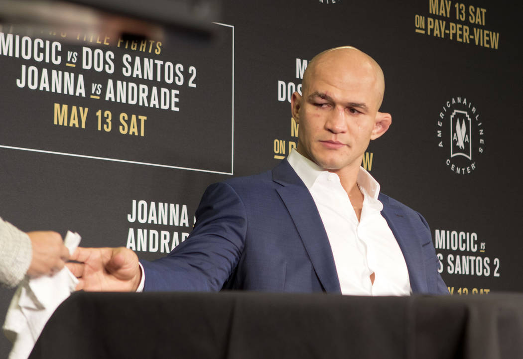 Junior dos Santos shows emotion during the UFC 211 post-fight press conference after being knocked out by UFC heavyweight champion Stipe Miocic at the American Airlines Center in Dallas, Texas, on ...