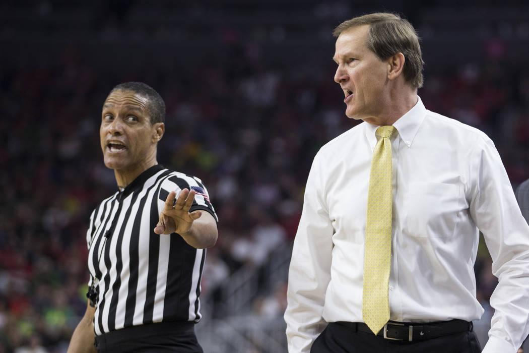 Oregon Ducks head coach Dana Altman reacts during a play against Arizona Wildcats in an NCAA college basketball game for the Pac-12 tournament championship at T-Mobile Arena Saturday, March 11, 20 ...