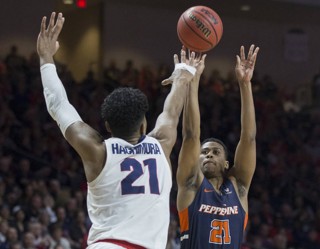 Pepperdine senior guard Eric Cooper Jr. (21) shoots over Gonzaga junior forward Rui Hachimura (21) in the second half during the West Coast Conference semifinal game on Monday, March 11, 2019, at ...