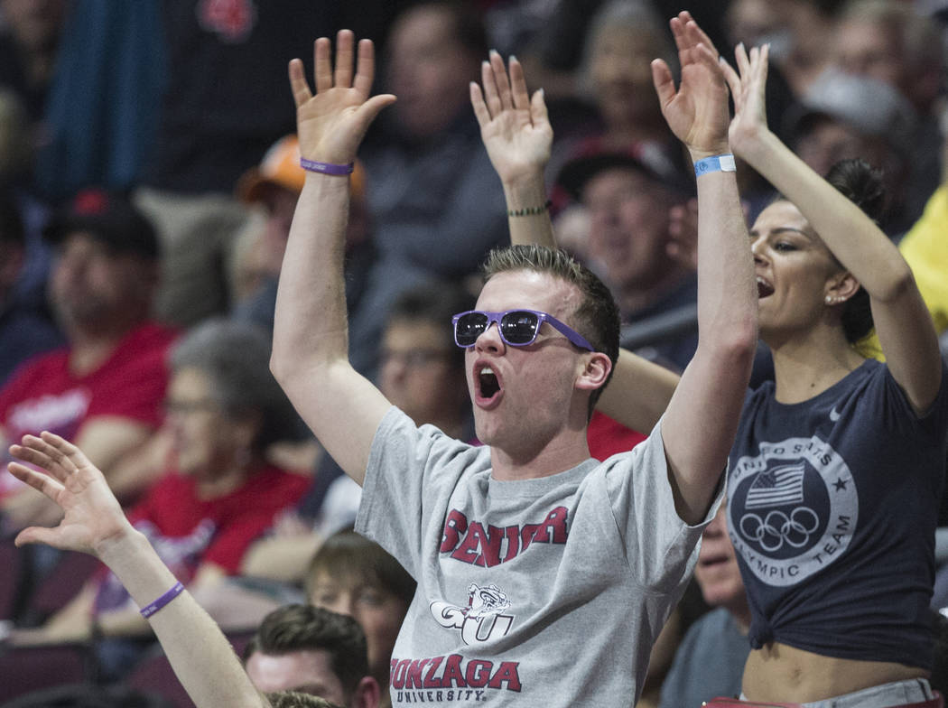 Gonzaga fans cheer in the second half during their West Coast Conference semifinal game with Pepperdine on Monday, March 11, 2019, at Orleans Arena, in Las Vegas. The Bulldogs beat the Waves 100-7 ...