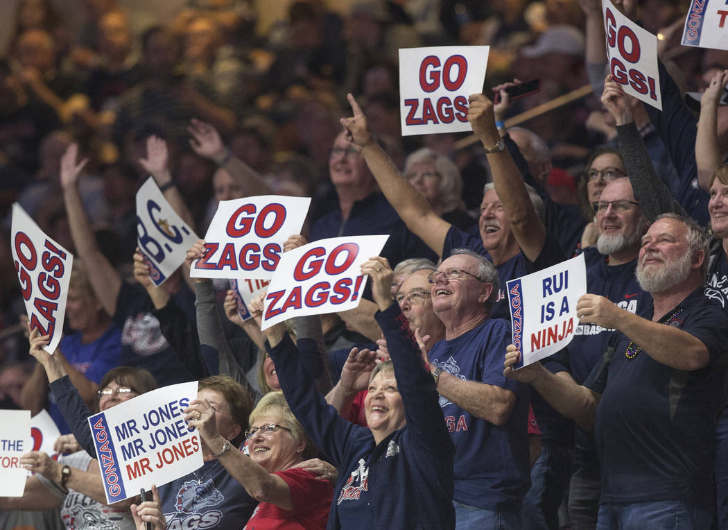 Gonzaga fans cheer in the second half during their West Coast Conference semifinal game with Pepperdine on Monday, March 11, 2019, at Orleans Arena, in Las Vegas. The Bulldogs beat the Waves 100-7 ...